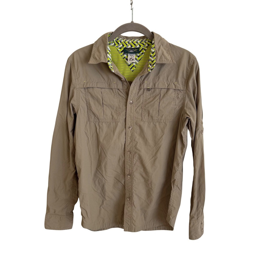 REI Sahara Boys L 14-16 Hiking Shirt Tan Khaki Long Sleeve Roll Tab Vent Back